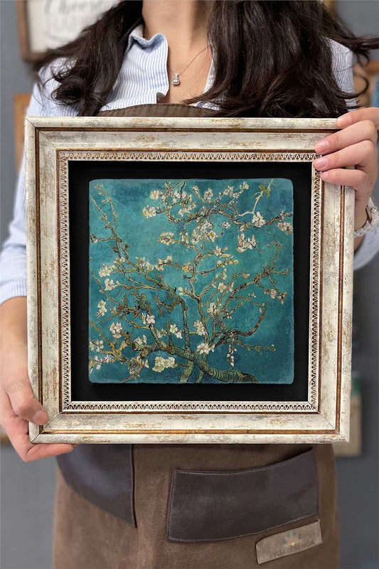 Framed Painting Stone Wall Decor 12" x 12" Van Gogh Almond Flowers