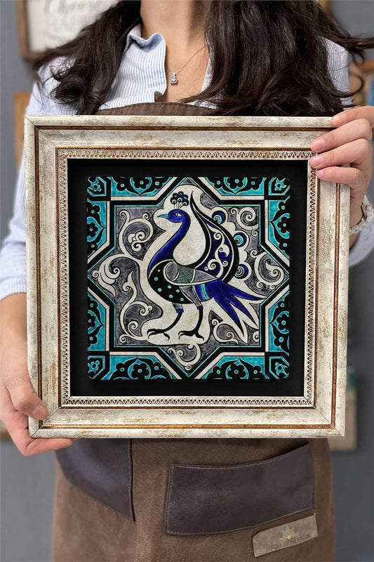 Framed Painting Stone Wall Decor 12" x 12" Peacock Tile Ceramic