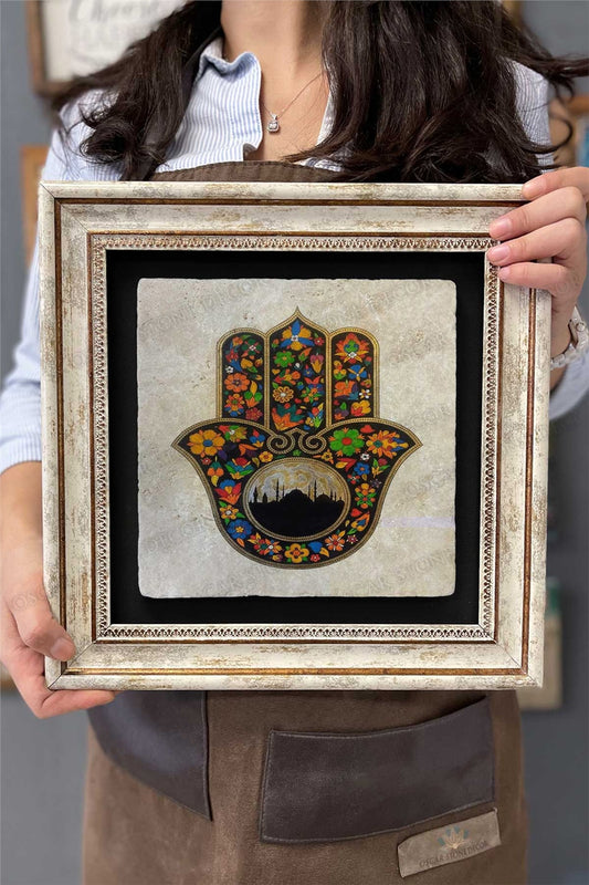 Framed Painting Stone Wall Decor 12" x 12" Fatima Mother's Hand Flower and Mosque Collage