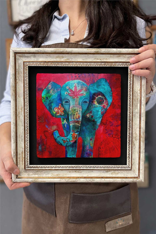 Framed Painting Stone Wall Decor 12" x 12" Red Elephant Painting