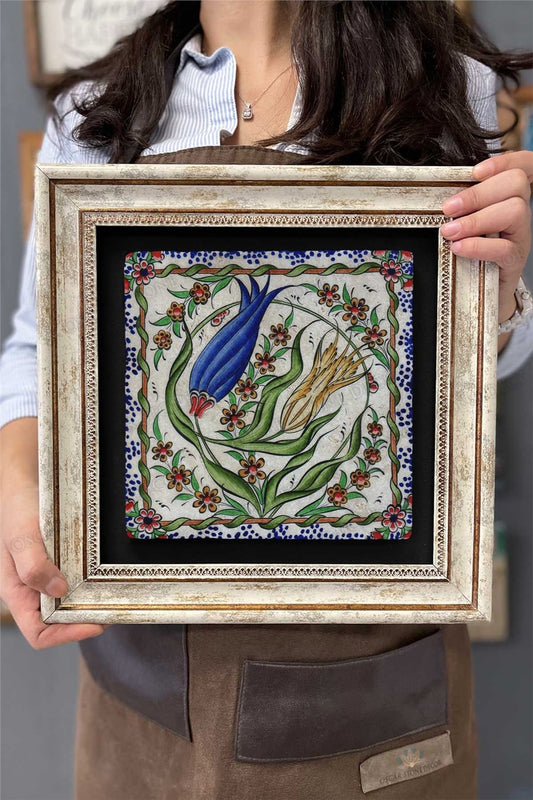 Framed Painting Stone Wall Decor 12" x 12" Ceramic Flower Painting