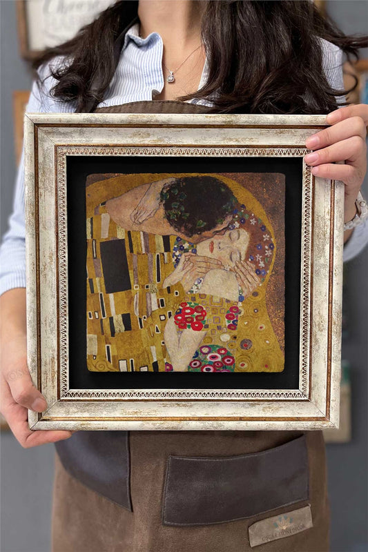 Framed Painting Stone Wall Decor 12" x 12" Gustav Klimt Kiss Painting