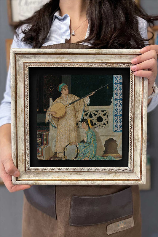 Framed Painting Stone Wall Decor 12" x 12" Osman Hamdi Musical Player Girls