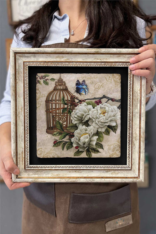 Framed Painting Stone Wall Decor 12" x 12" Butterfly and Flowers