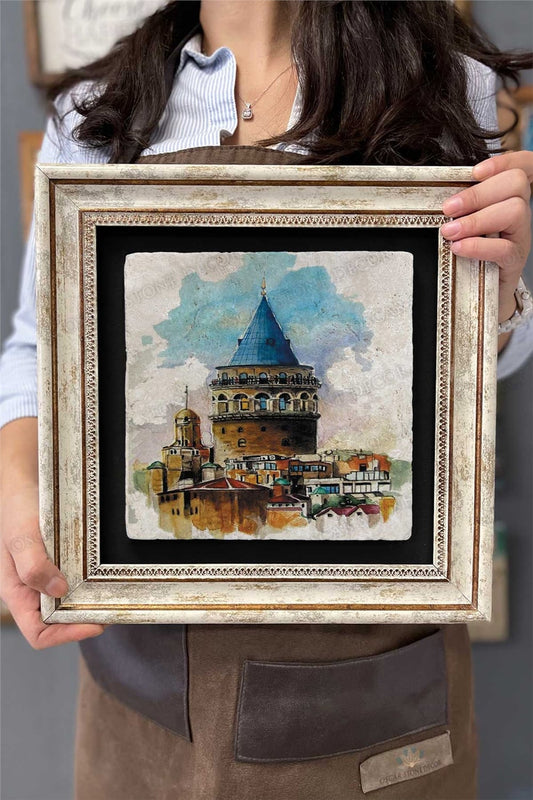 Framed Painting Stone Wall Decor 12" x 12" Galata Tower Watercolor Drawing
