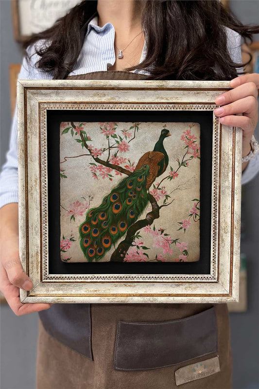 Framed Painting Stone Wall Decor 12" x 12" Peacock Pink Flowers