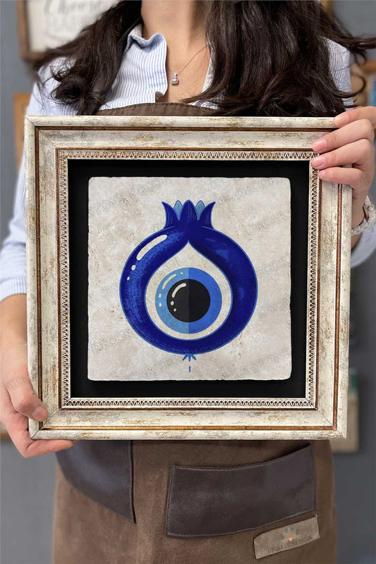 Framed Painting Stone Wall Decor 12" x 12" Evil Eye Bead Pomegranate Painting