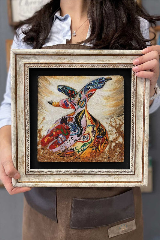 Framed Painting Stone Wall Decor 12" x 12" Colorful Whirling Dervish Collage