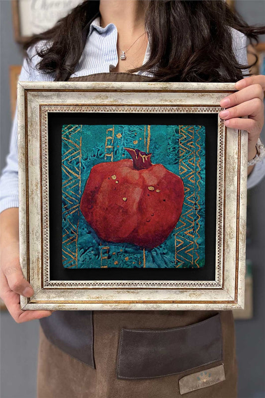 Framed Painting Stone Wall Decor 12" x 12" Pomegranate Themed Special Drawing