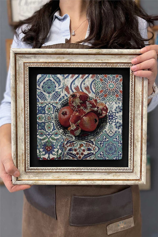 Framed Painting Stone Wall Decor 12" x 12" Pomegranate Plate with Tile Pattern
