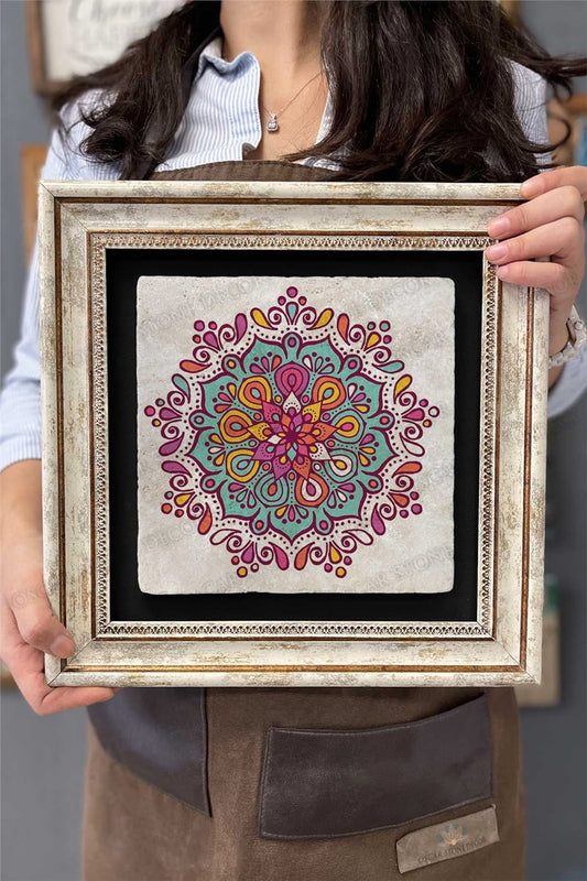 Framed Painting Stone Wall Decor 12" x 12" Colorful Mandala Painting