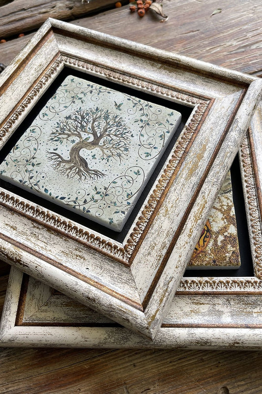Framed Stone Wall Decoration Painting 8" x 8" Set of 2 (540-60) Tree of Life Whirling Dervish