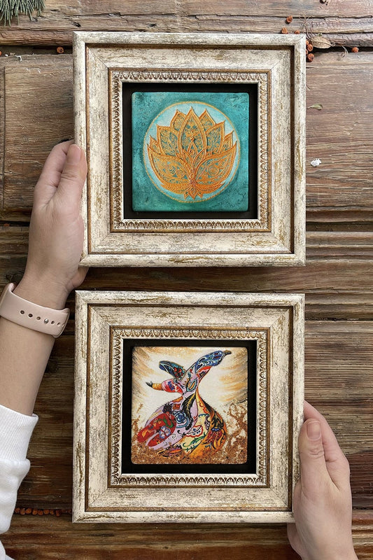 Framed Stone Wall Decoration Painting 8" x 8" Set of 2 (60-1077) Whirling Dervish Lotus