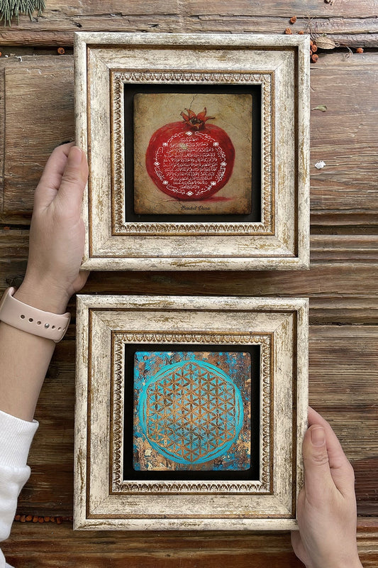 Framed Stone Wall Decoration Painting 8" x 8" Set of 2 (1104-1090) Abundance of Flowers of Life