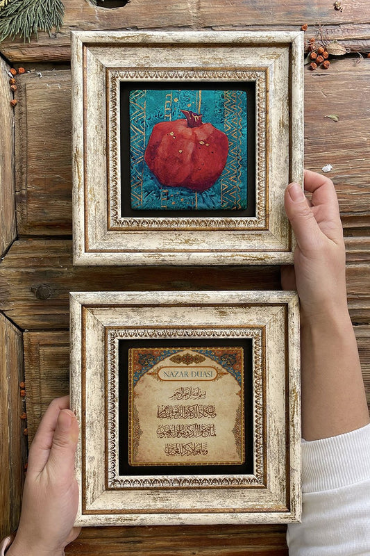 Framed Stone Wall Decoration Painting 8" x 8" Set of 2 (480-464) Pomegranate Evil Eye Prayer