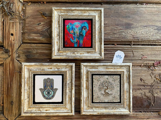Framed Stone Wall Decoration Painting Set of 3 8" x 8" Fatima Elephant Hand Tree of Life