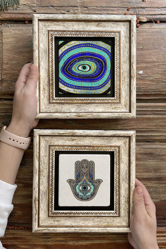 Framed Stone Wall Decoration Painting 8" x 8" Set of 2 (1100-114) Evil Eye Fatma Ana
