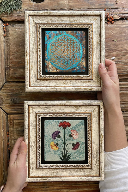 Framed Stone Wall Decoration Painting 8" x 8" Set of 2 (1090-1224) Flower of Life Ebruli