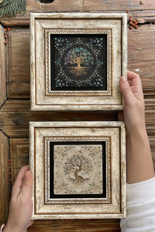 Framed Stone Wall Decoration Painting 8" x 8" Set of 2 (540-542) Tree of Life