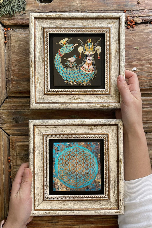 Framed Stone Wall Decoration Painting 8" x 8" Set of 2 (1213-1090) Şahmeran Yaşam