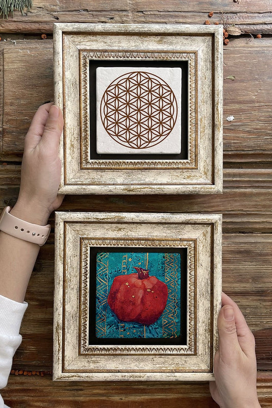 Framed Stone Wall Decoration Painting 8" x 8" Set of 2 (480-7774) Pomegranate Flower of Life
