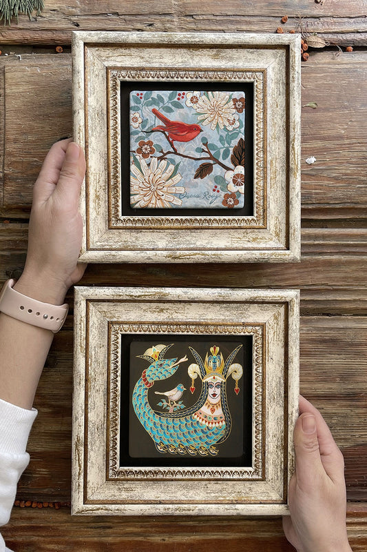 Framed Stone Wall Decoration Painting 8" x 8" Set of 2 (1213-1259) Shahmeran Bird