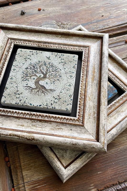 Framed Stone Wall Decoration Painting 8" x 8" Set of 2 (1090-540) Life and Tree of Life