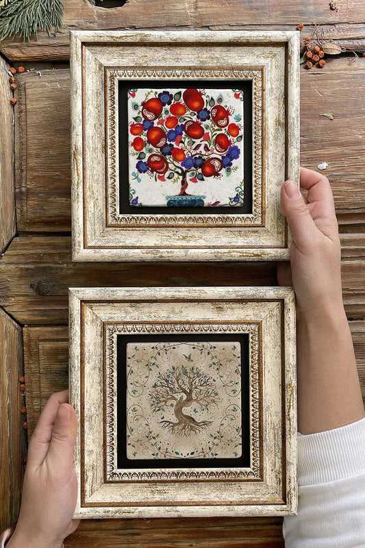 Framed Stone Wall Decoration Painting 8" x 8" Set of 2 (540-471) Tree of Life Pomegranate Tree