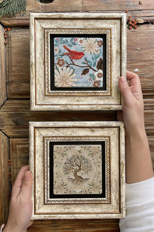 Framed Stone Wall Decoration Painting 8" x 8" Set of 2 (540-1259) Tree of Life Bird