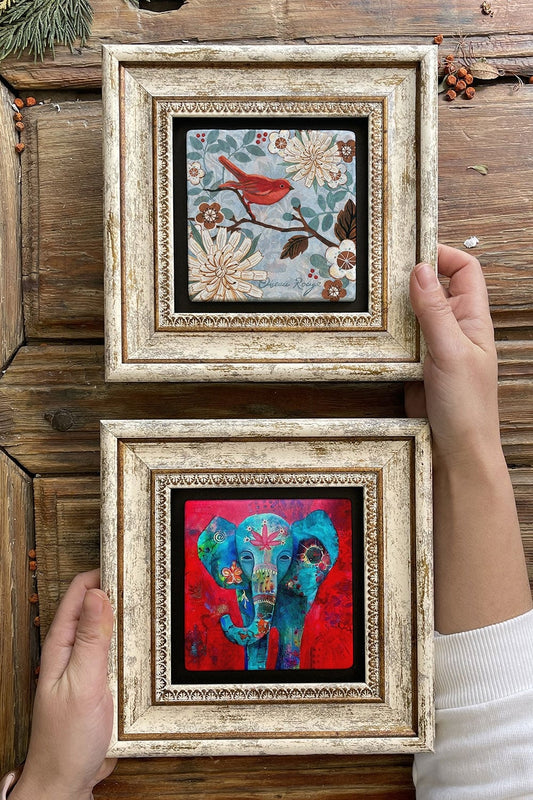 Framed Stone Wall Decoration Painting 8" x 8" Set of 2 (1488-1259) Elephant Bird