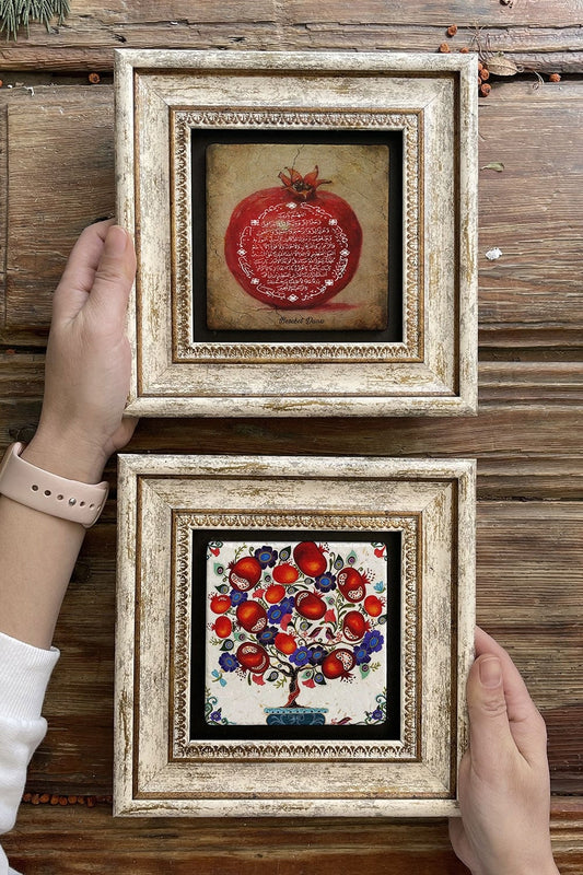 Framed Stone Wall Decoration Painting 8" x 8" Set of 2 (1104-471) Abundance Pomegranate Tree
