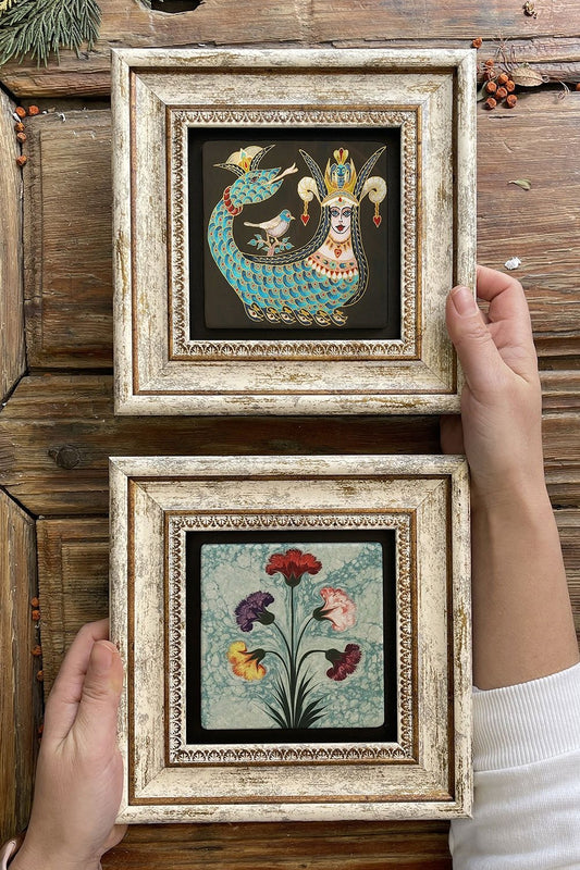 Framed Stone Wall Decoration Painting 8" x 8" Set of 2 (1213-1224) Şahmeran Ebruli