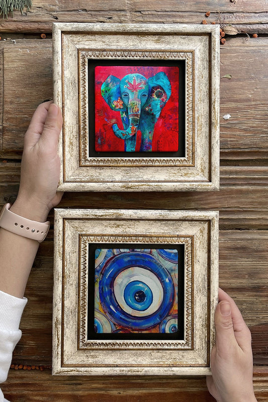 Framed Stone Wall Decoration Painting 8" x 8" Set of 2 (1488-1481) Elephant Evil Eye Bead