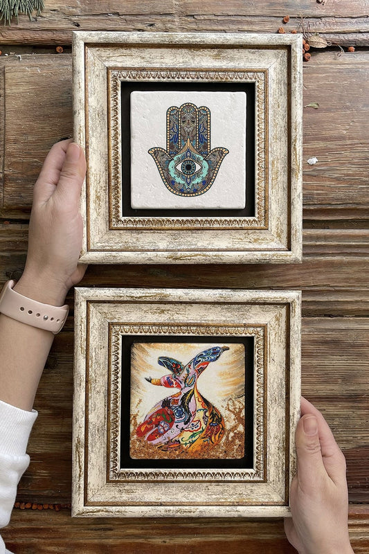 Framed Stone Wall Decoration Painting 8" x 8" Set of 2 (60-114) Whirling Dervish Fatma Ana
