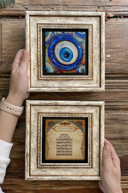 Framed Stone Wall Decoration Painting 8" x 8" Set of 2 (463-1481) Ayetel Evil Eye Beads