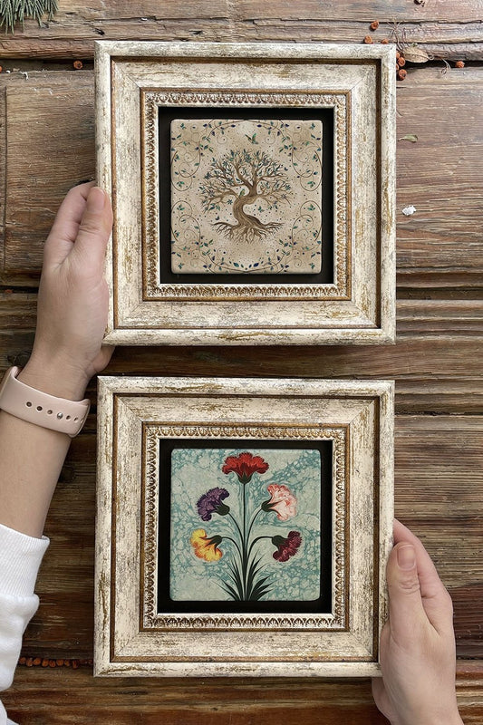 Framed Stone Wall Decoration Painting 8" x 8" Set of 2 (540-1224) Tree of Life Ebruli