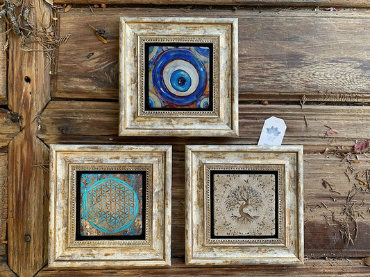Framed Stone Wall Decoration Painting Set of 3 8" x 8" Flower of Life Evil Eye Tree of Life