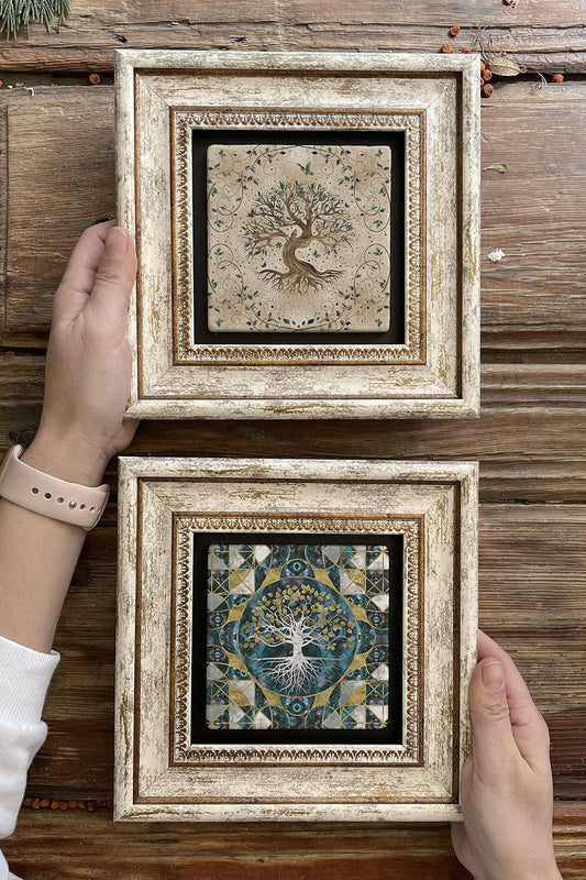 Framed Stone Wall Decoration Painting 8" x 8" Set of 2 (540-541) Tree of Life