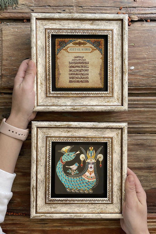 Framed Stone Wall Decoration Painting 8" x 8" Set of 2 (1213-463) Şahmeran Ayetel