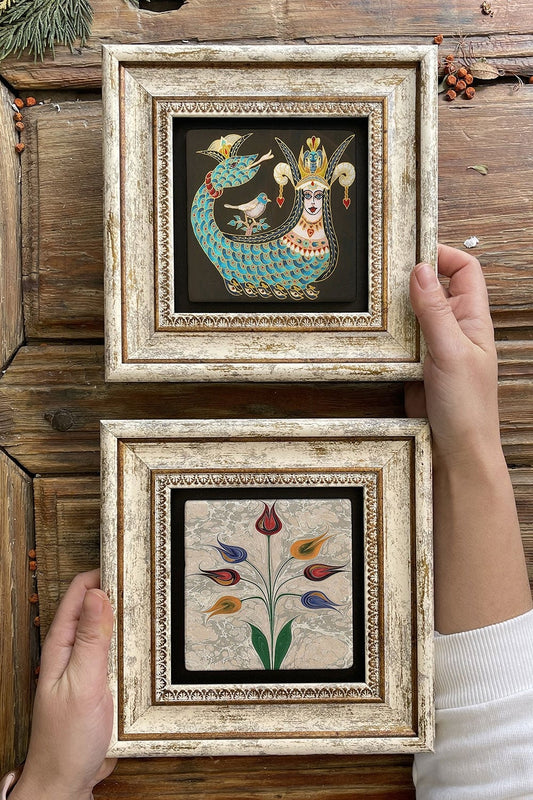 Framed Stone Wall Decoration Painting 8" x 8" Set of 2 (1213-499) Şahmeran Ebruli