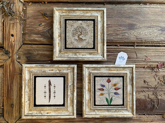 Framed Stone Wall Decoration Painting Set of 3 8" x 8" Tree of Life Ebruli Elif