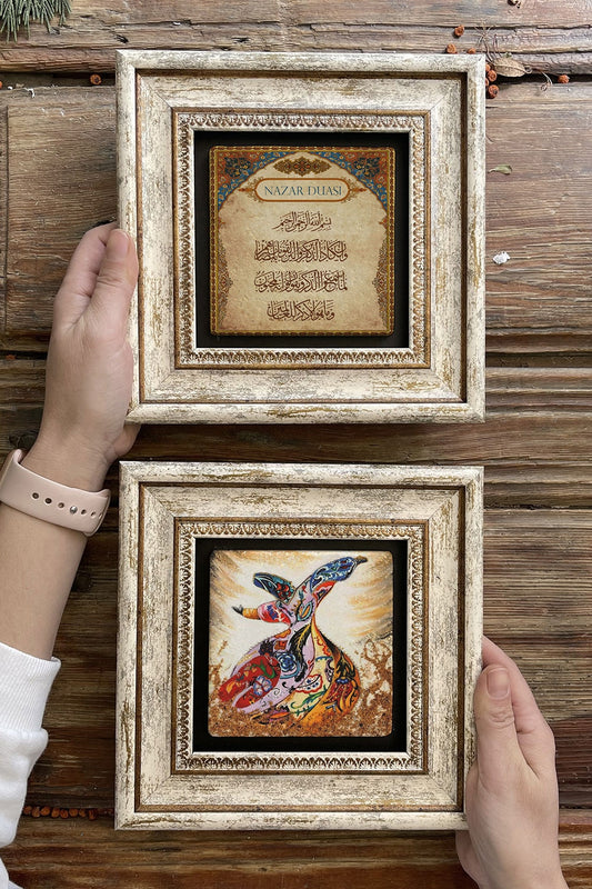 Framed Stone Wall Decoration Painting 8" x 8" Set of 2 (464-60) Evil Eye Prayer Whirling Dervish