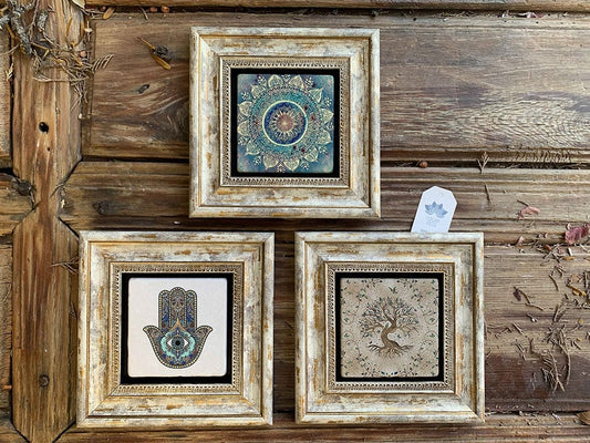 Framed Stone Wall Decoration Painting Set of 3 8" x 8" Tree of Life Pattern Fatma Ana Hand