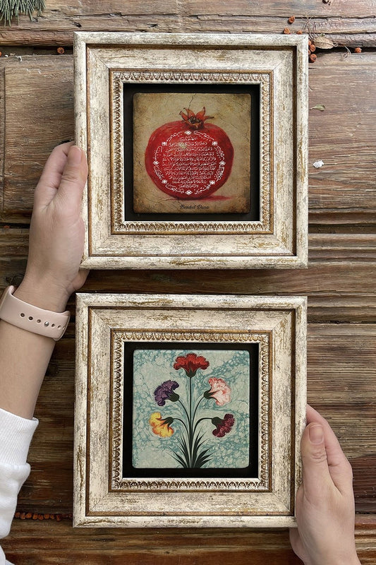 Framed Stone Wall Decoration Painting 8" x 8" Set of 2 (1104-1224) Bereket Nar Ebruli
