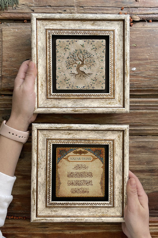 Framed Stone Wall Decoration Painting 8" x 8" Set of 2 (540-464) Tree of Life Evil Eye Prayer