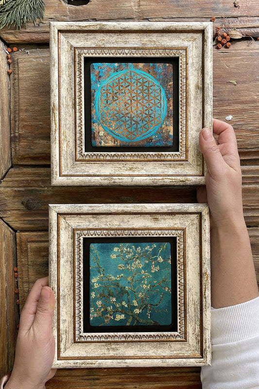Framed Stone Wall Decoration Painting 8" x 8" Set of 2 (1090-1122) Almond Tree of Life