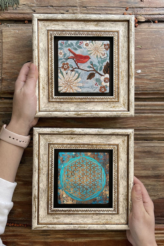 Framed Stone Wall Decoration Painting 8" x 8" Set of 2 (1090-1259) Flower of Life Bird