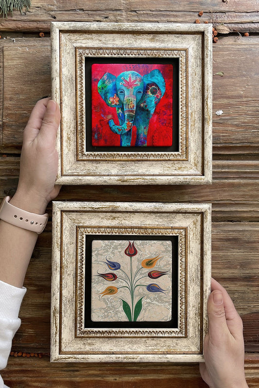Framed Stone Wall Decoration Painting 8" x 8" Set of 2 (1488-499) Ebru Ebruli