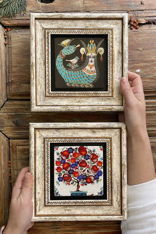 Framed Stone Wall Decoration Painting 8" x 8" Set of 2 (1213-471) Shahmeran Pomegranate Tree