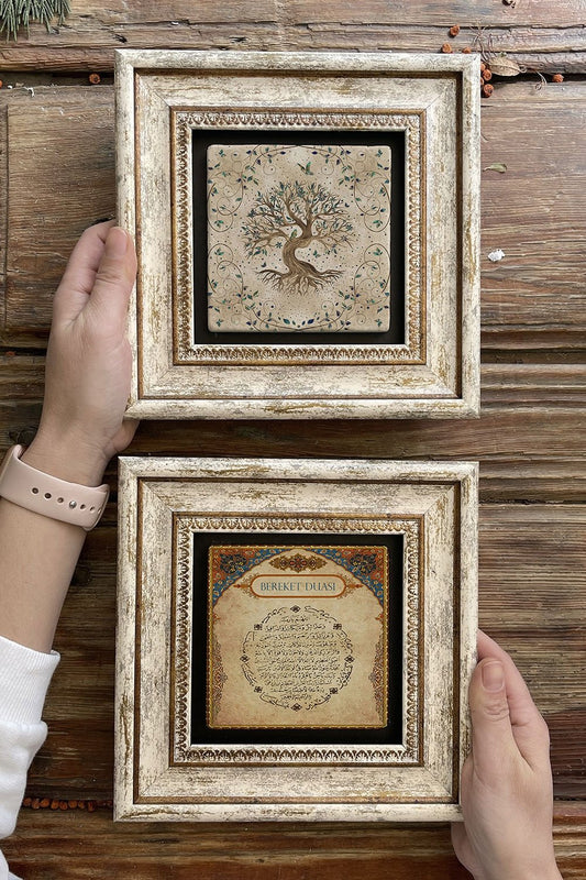 Framed Stone Wall Decoration Painting 8" x 8" Set of 2 (540-462) Tree of Life Abundance